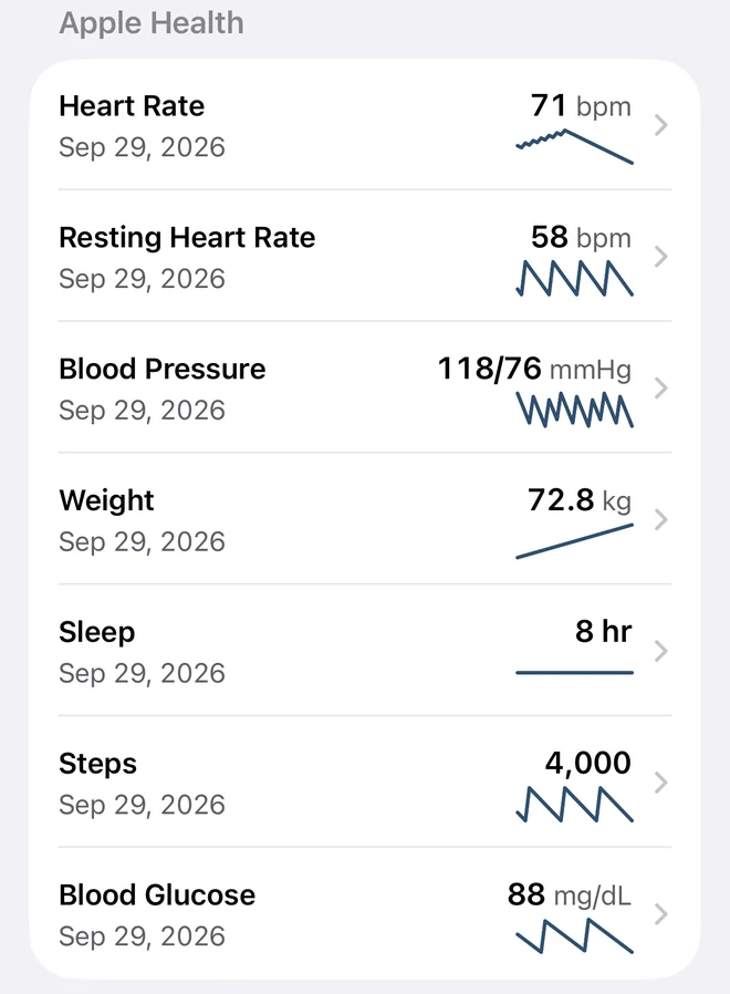 The Apple Health section in Values: heart rate, resting heart rate, blood pressure, weight, sleep, steps and blood glucose, each with its latest value and a small line of recent values.